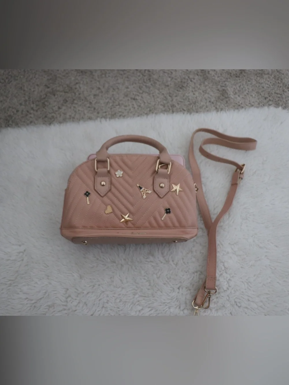 bebe Quilted Satchel with Gold-Tone Charms - Blush
